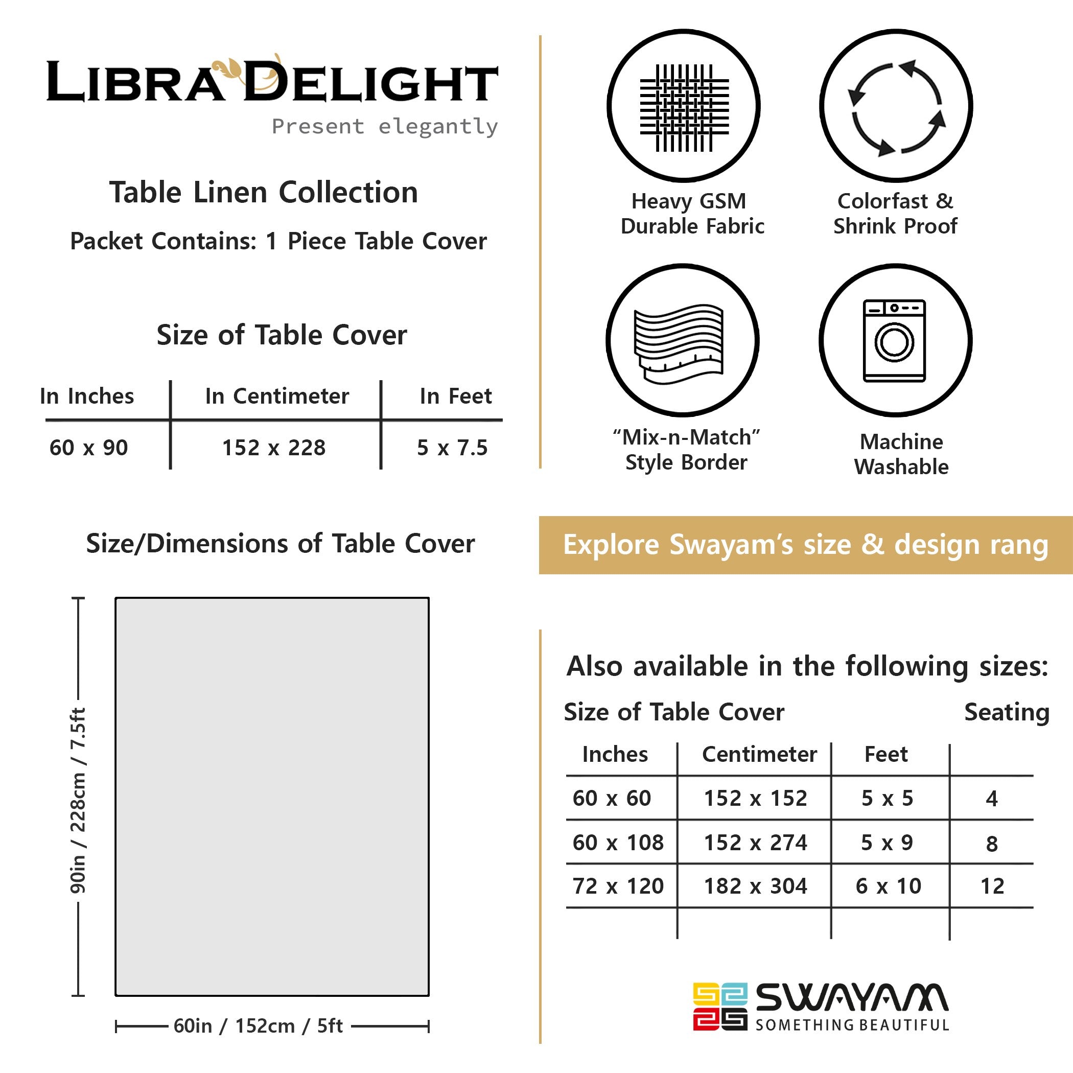 Premium Cotton Abstract Beige & Black Rectangular 6 Seater Table Cover