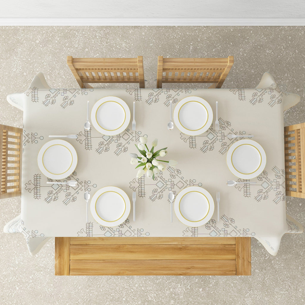 Premium Cotton Abstract Beige & Blue Rectangular 6 Seater Table Cover