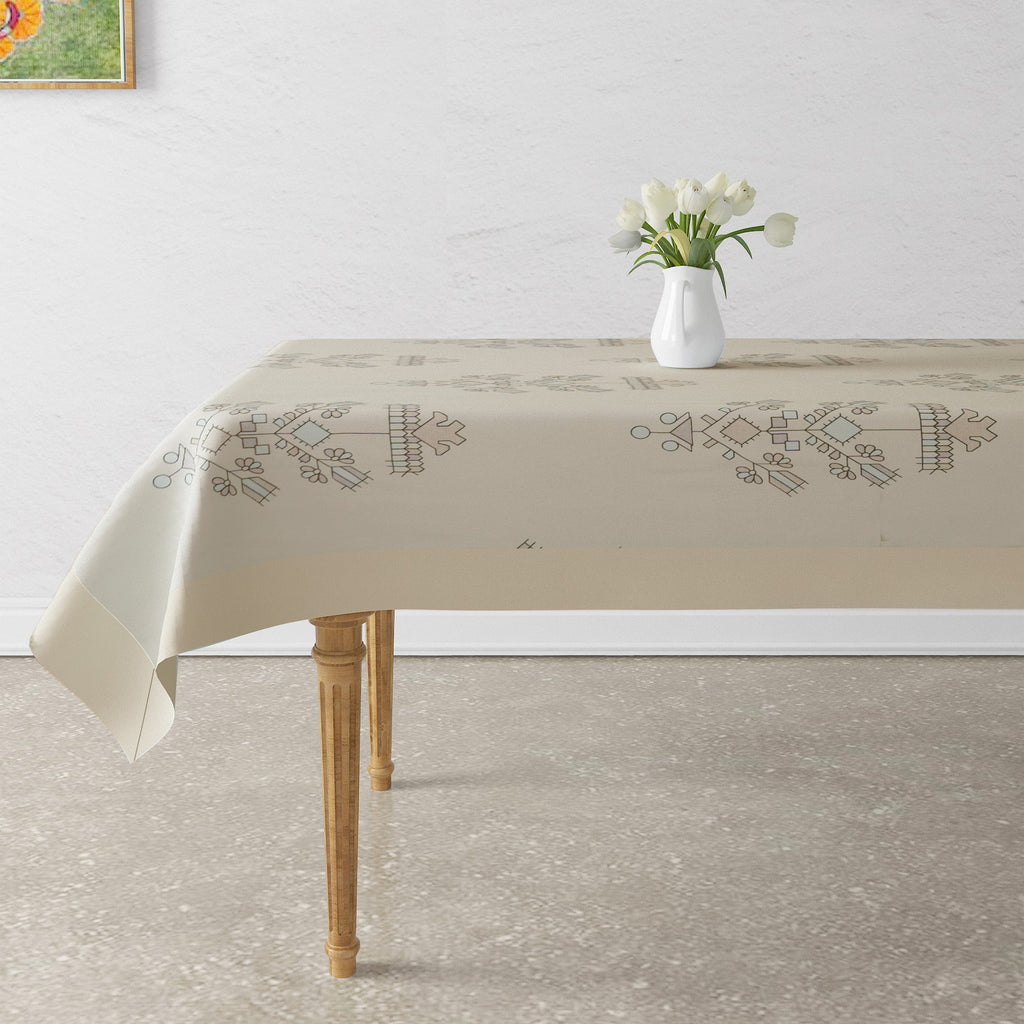 Premium Cotton Abstract Beige & Blue Rectangular 6 Seater Table Cover