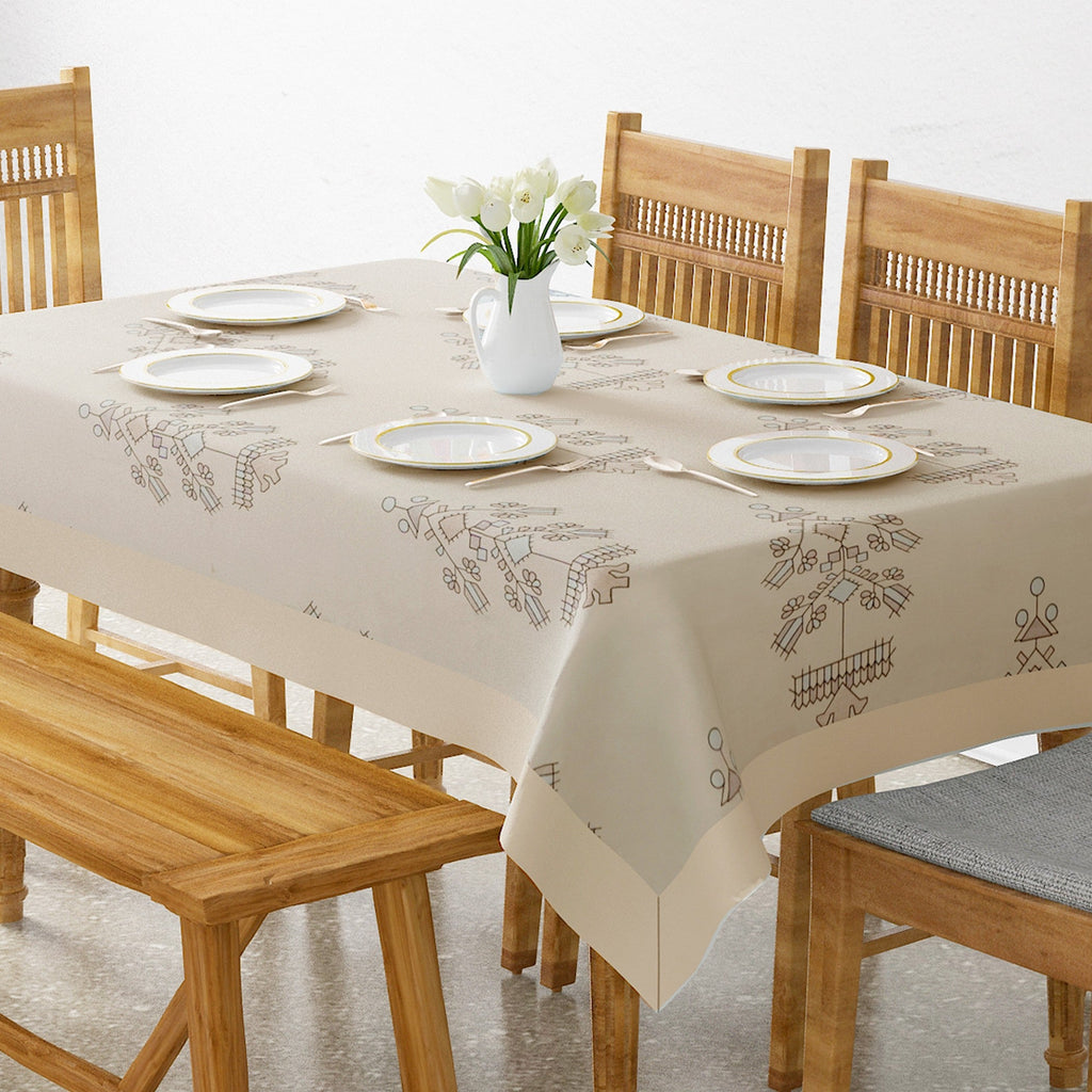Premium Cotton Abstract Beige & Blue Rectangular 6 Seater Table Cover