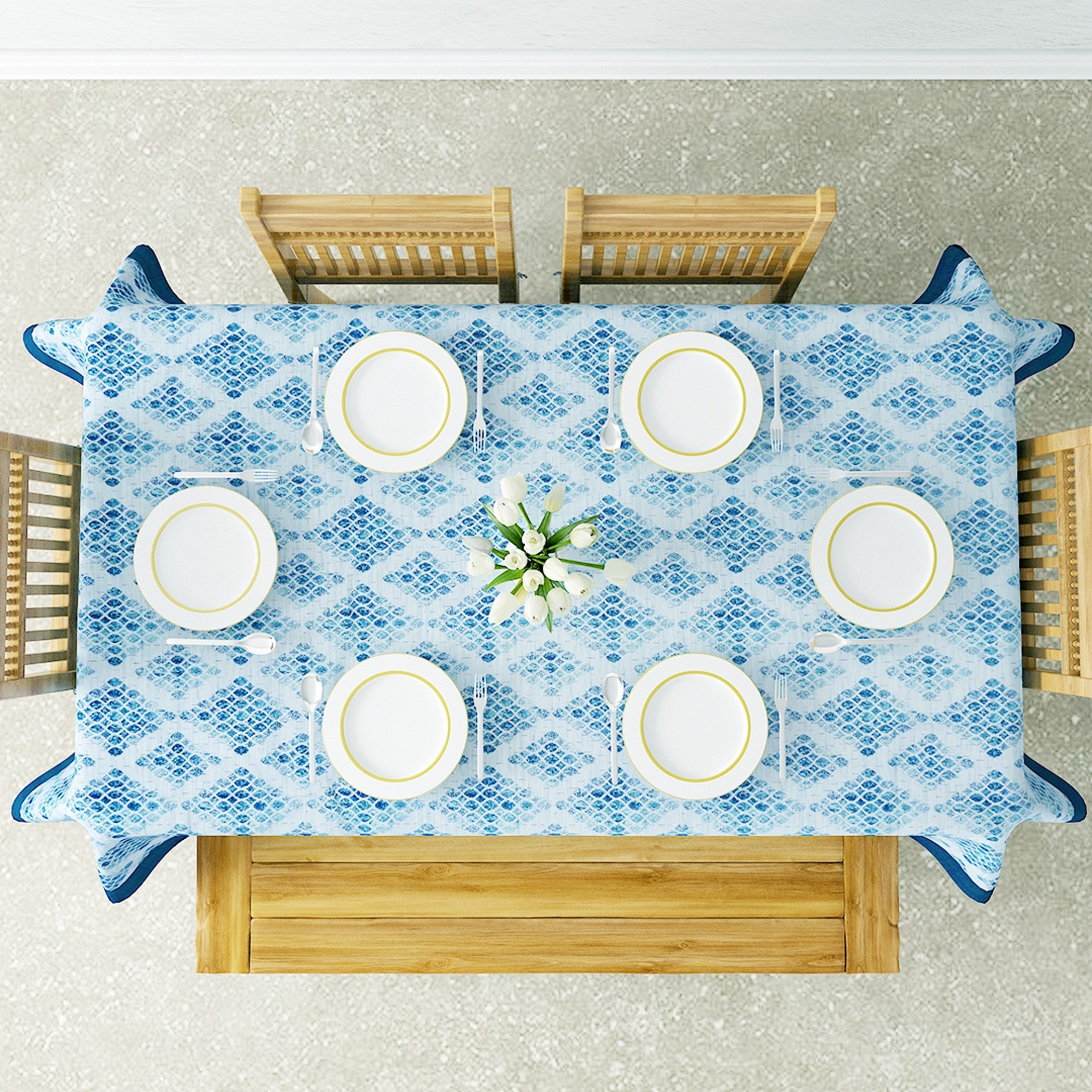 Premium Cotton Geometric White & Blue Rectangular 6 Seater Table Cover