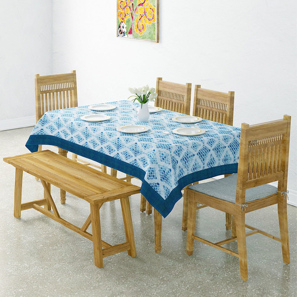 Premium Cotton Geometric White & Blue Rectangular 6 Seater Table Cover