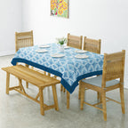 Premium Cotton Geometric White & Blue Rectangular 6 Seater Table Cover