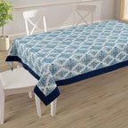 Premium Cotton Geometric White & Blue Rectangular 6 Seater Table Cover