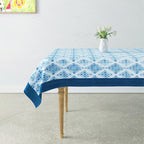 Premium Cotton Geometric White & Blue Rectangular 6 Seater Table Cover