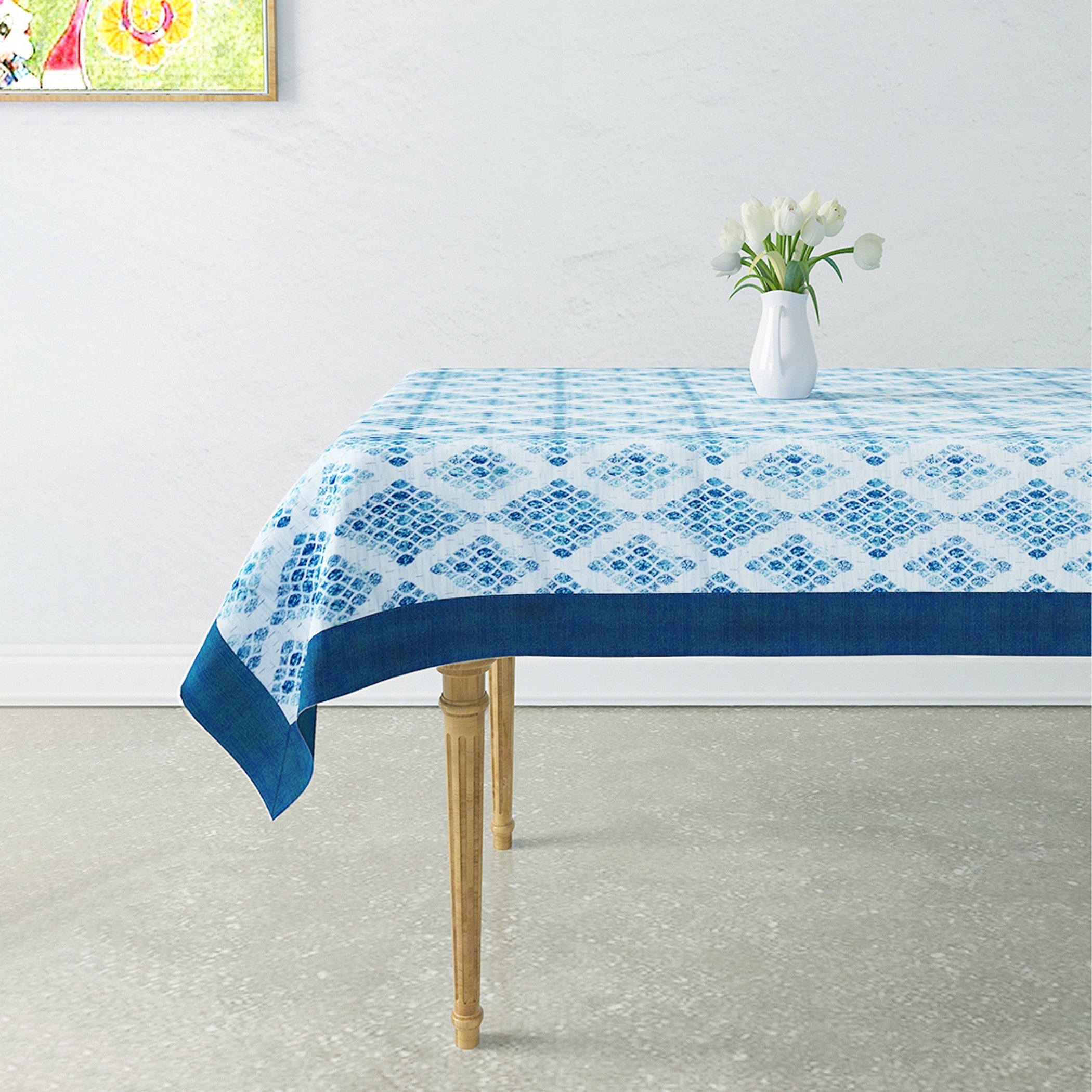 Premium Cotton Geometric White & Blue Rectangular 6 Seater Table Cover
