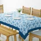 Premium Cotton Geometric White & Blue Rectangular 6 Seater Table Cover