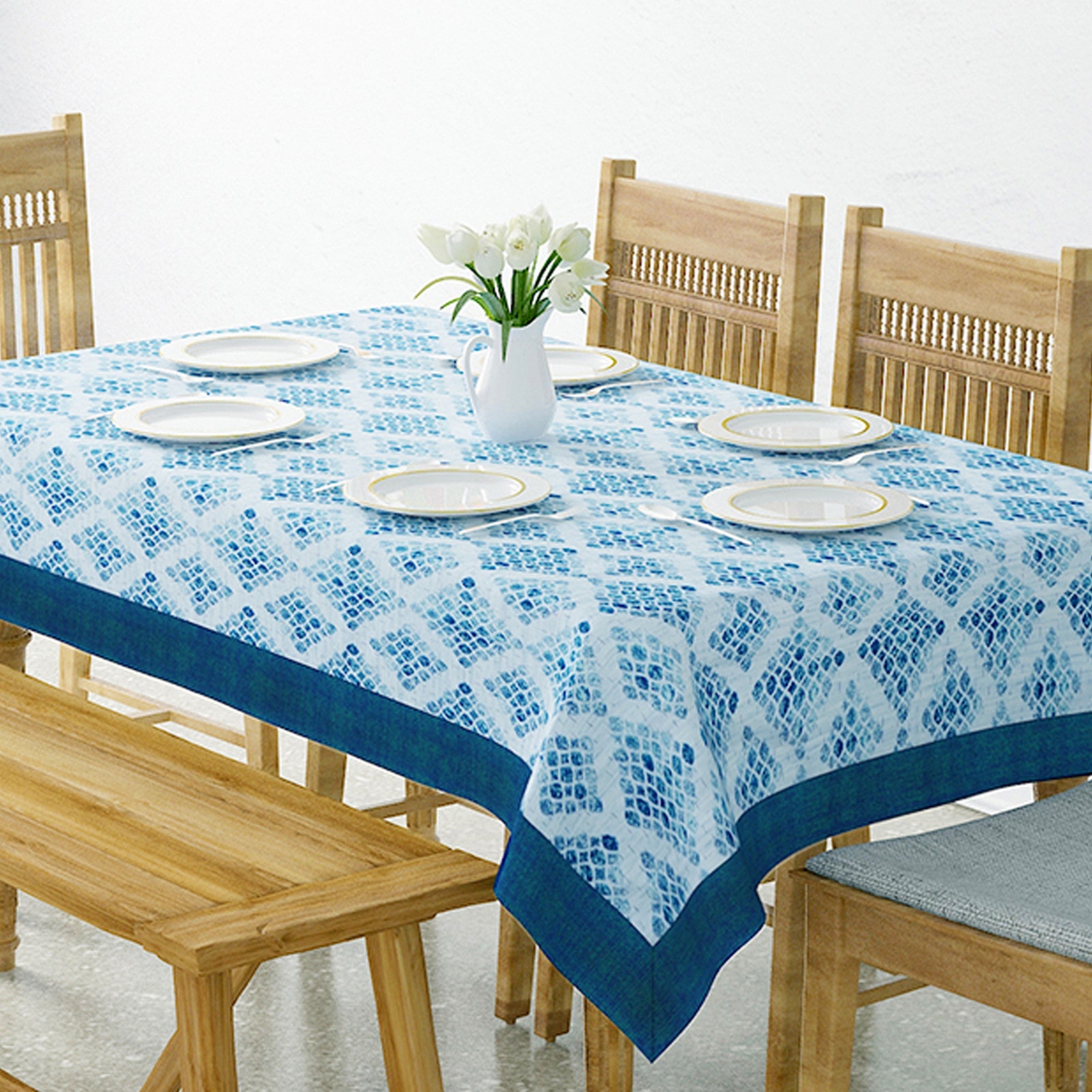 Premium Cotton Geometric White & Blue Rectangular 6 Seater Table Cover
