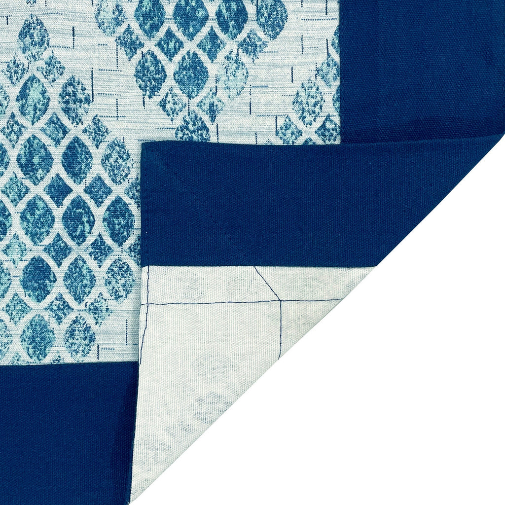 Premium Cotton Geometric White & Blue Rectangular 6 Seater Table Cover