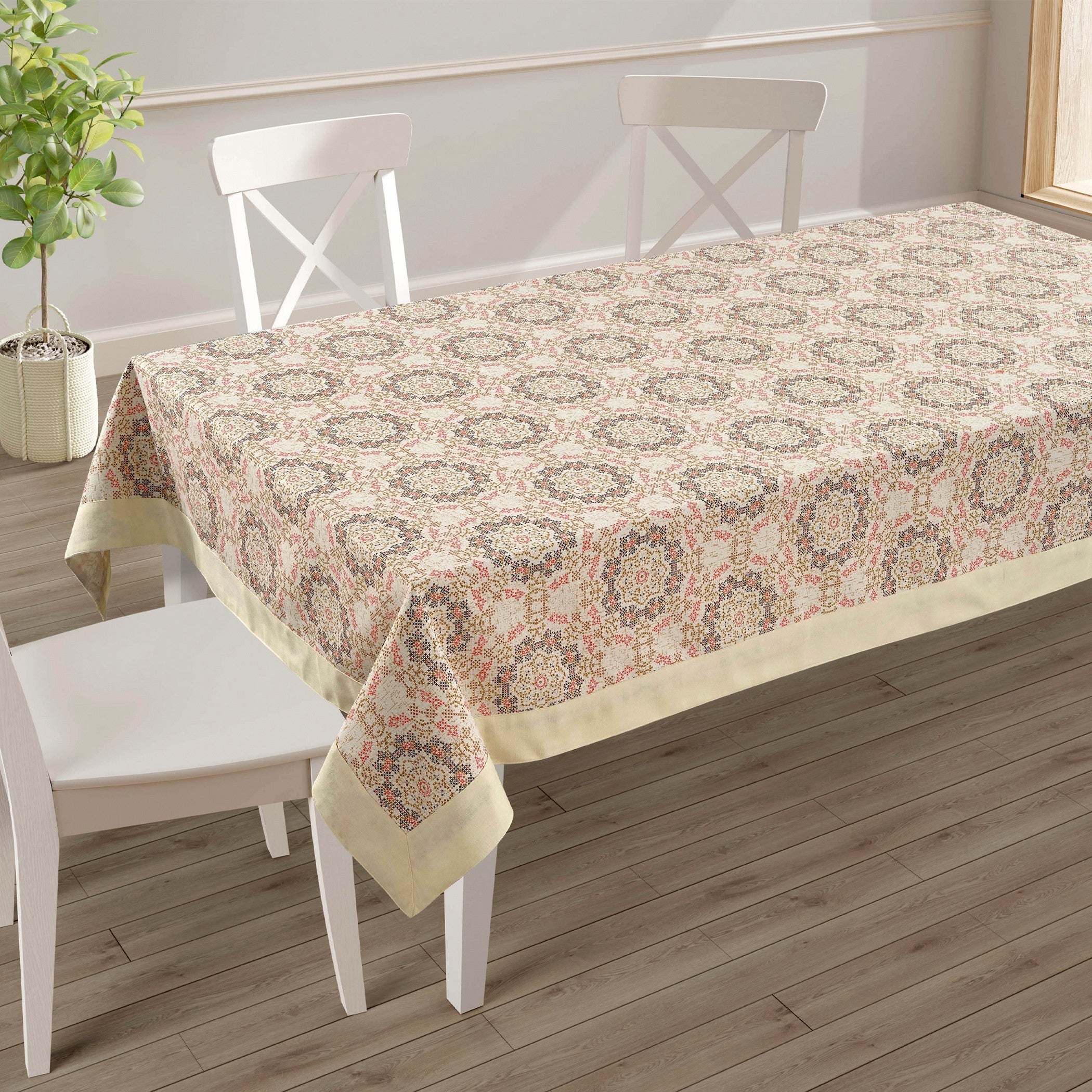 Premium Cotton Ethnic Beige Rectangular 6 Seater Table Cover