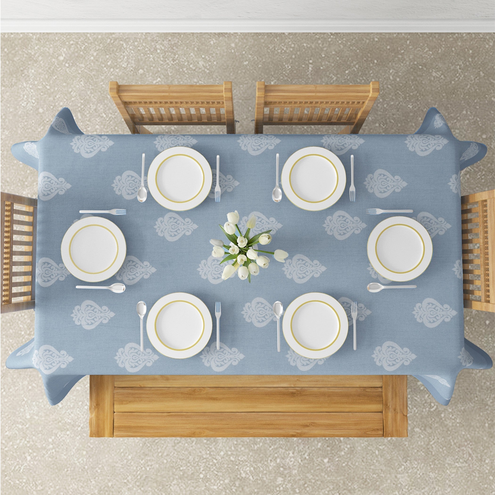 Premium Cotton Motif Light Blue Rectangular 6 Seater Table Cover