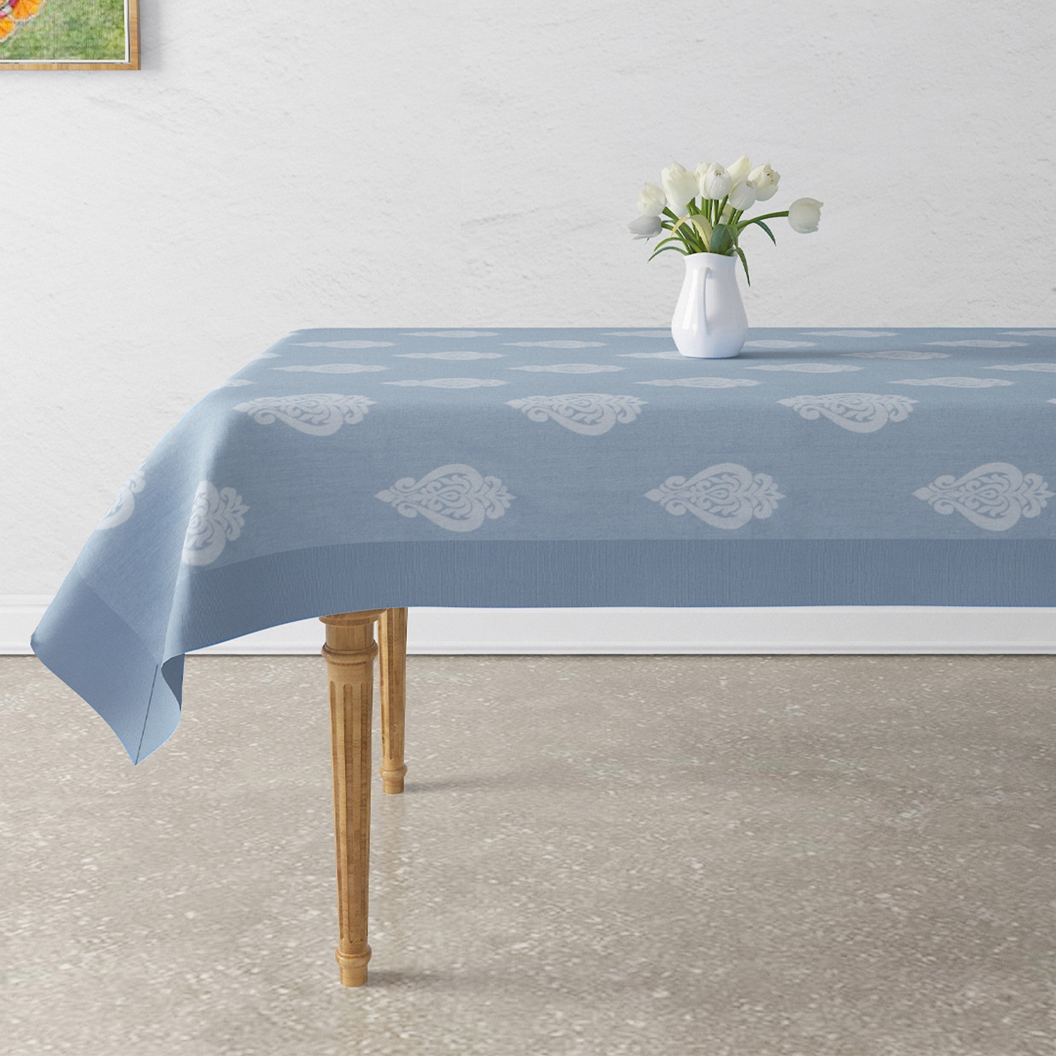 Premium Cotton Motif Light Blue Rectangular 6 Seater Table Cover