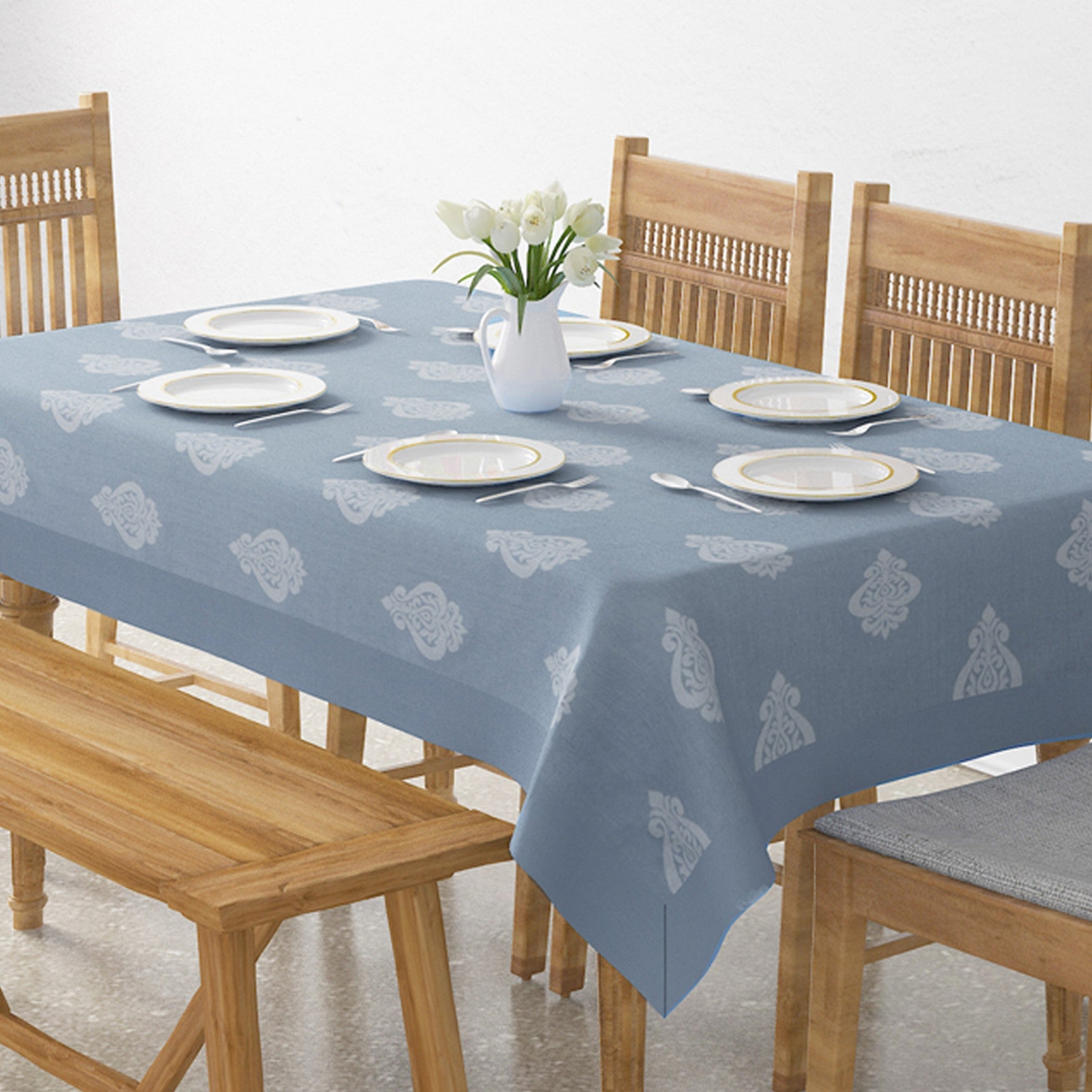 Premium Cotton Motif Light Blue Rectangular 6 Seater Table Cover