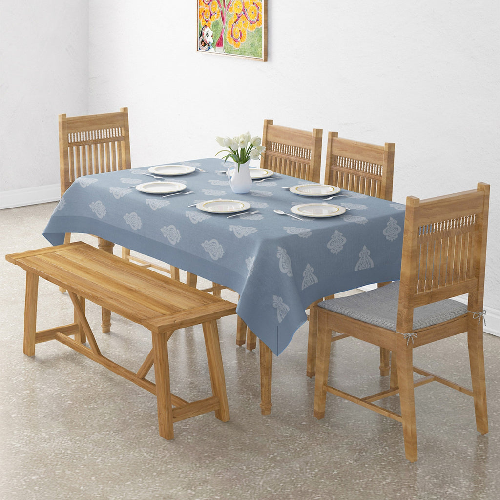 Premium Cotton Motif Light Blue Rectangular 6 Seater Table Cover