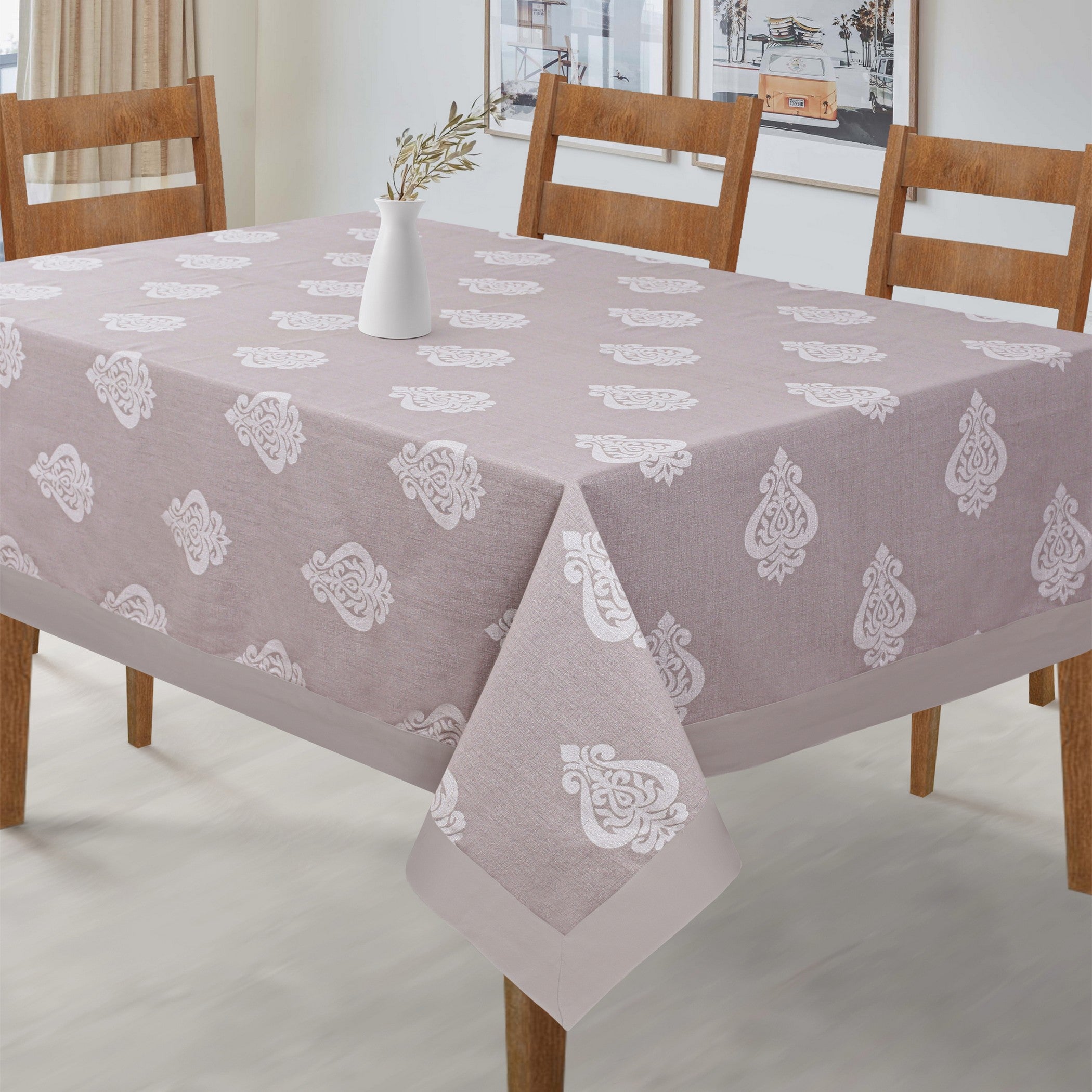 Premium Cotton Motif Taupe Rectangular 6 Seater Table Cover