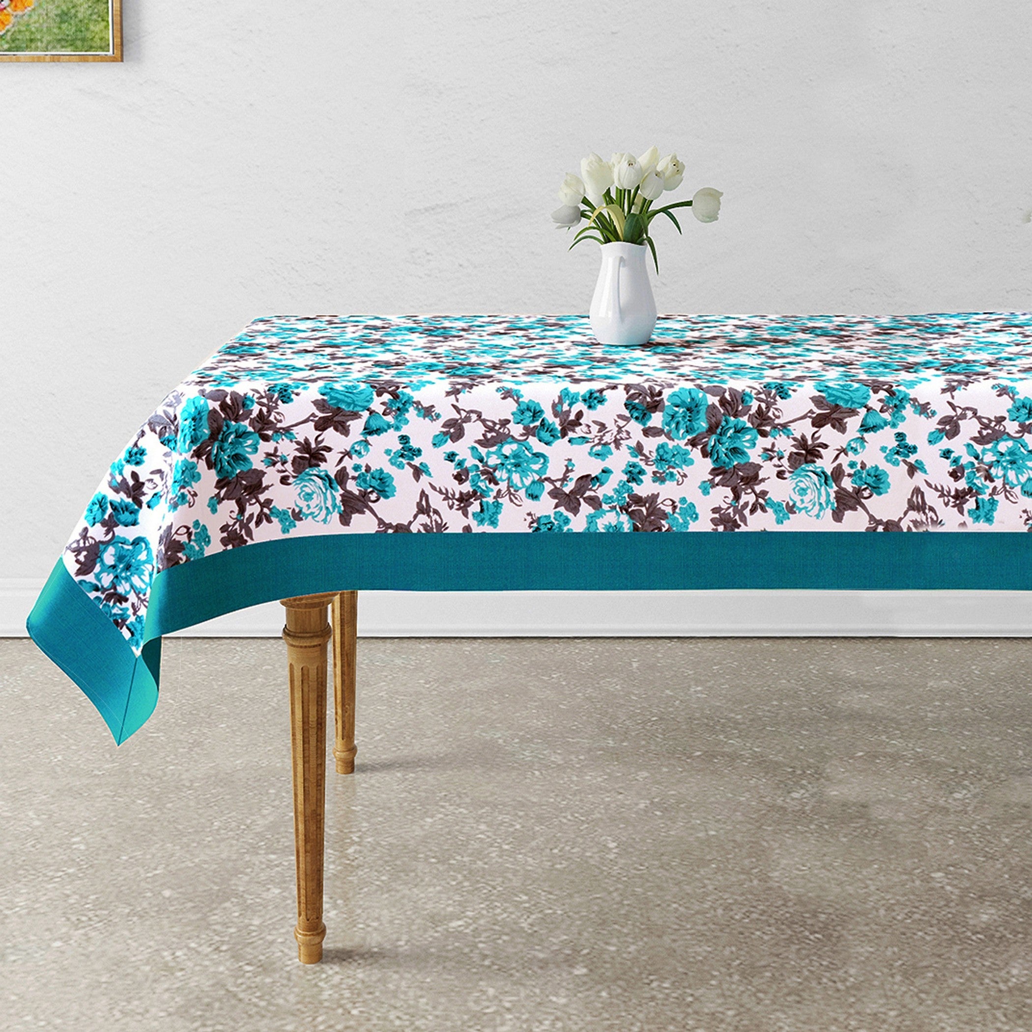 Premium Cotton Printed Teal Rectangular 6 Seater Table Cover