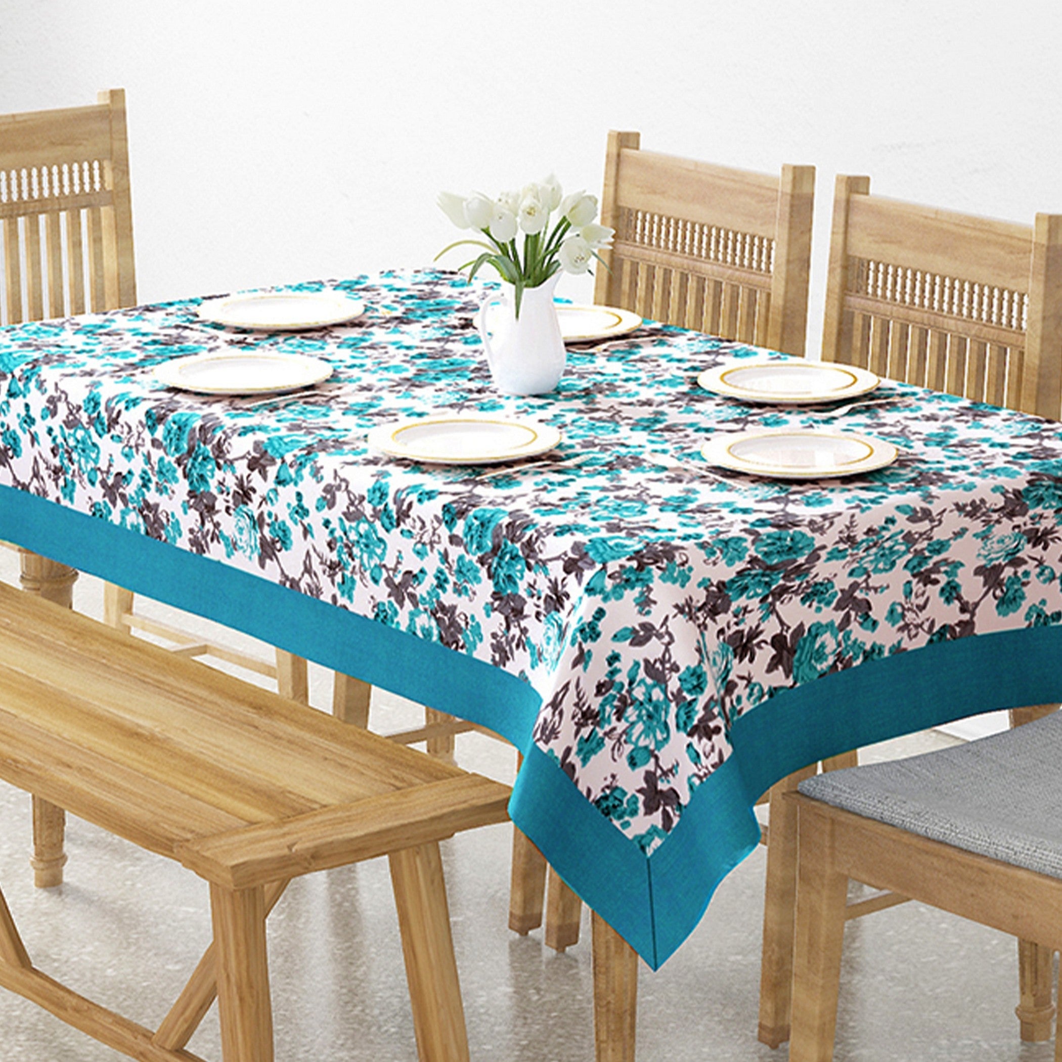 Premium Cotton Printed Teal Rectangular 6 Seater Table Cover