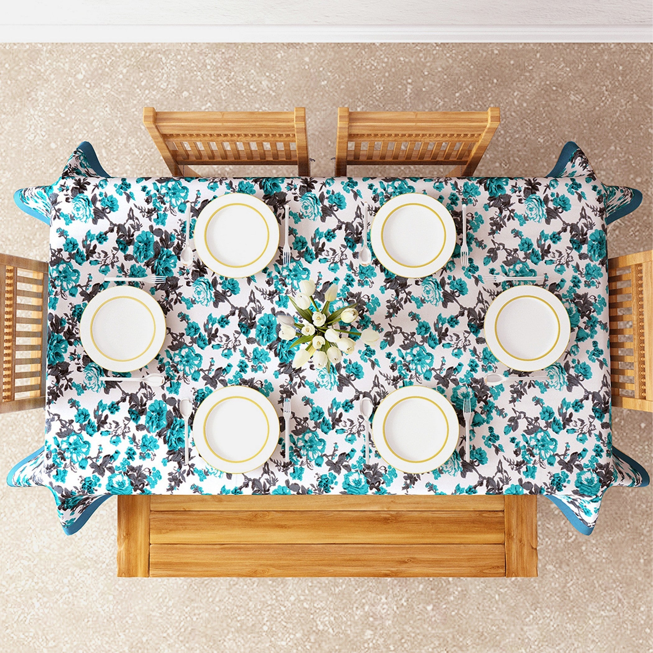 Premium Cotton Printed Teal Rectangular 6 Seater Table Cover