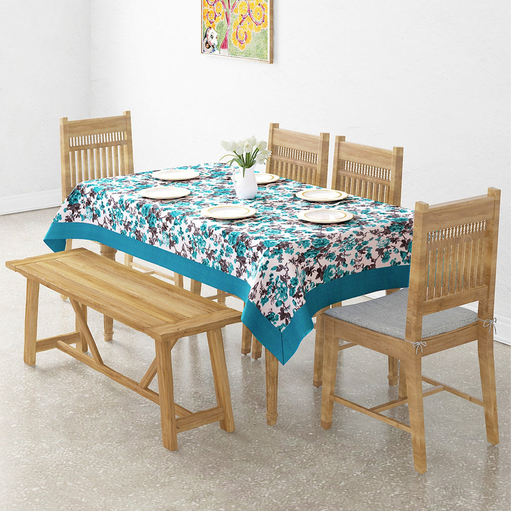 Premium Cotton Printed Teal Rectangular 6 Seater Table Cover