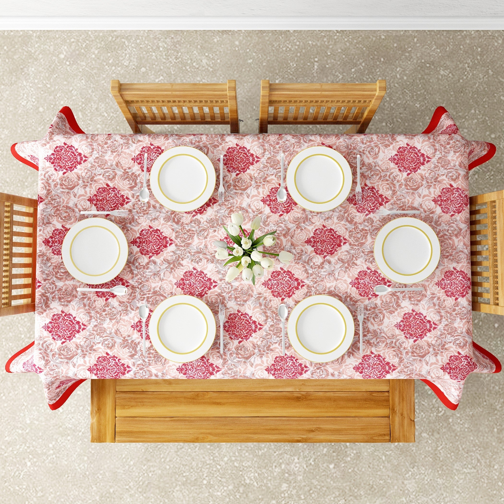 Premium Cotton Motif Beige Rectangular 6 Seater Table Cover