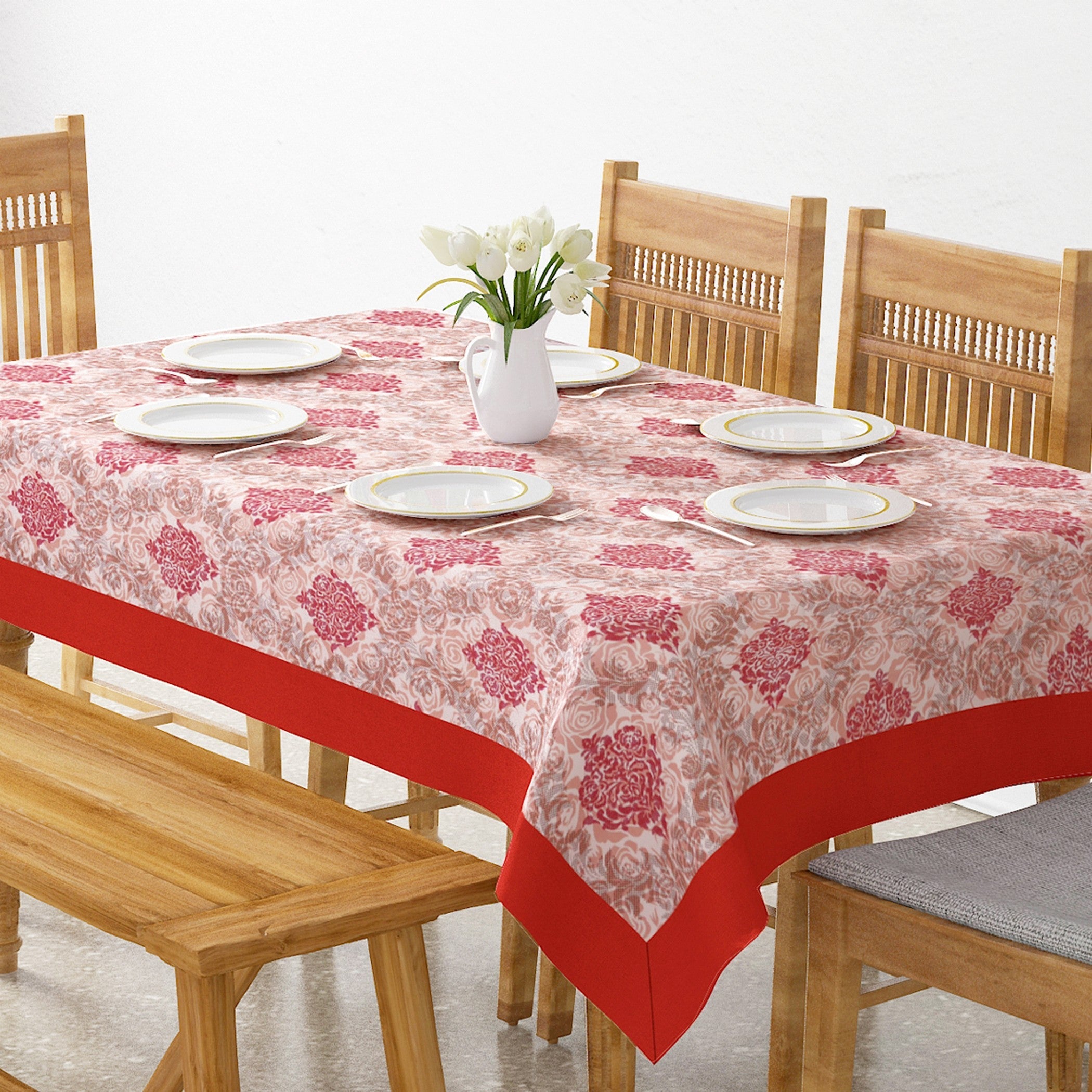 Premium Cotton Motif Beige Rectangular 6 Seater Table Cover