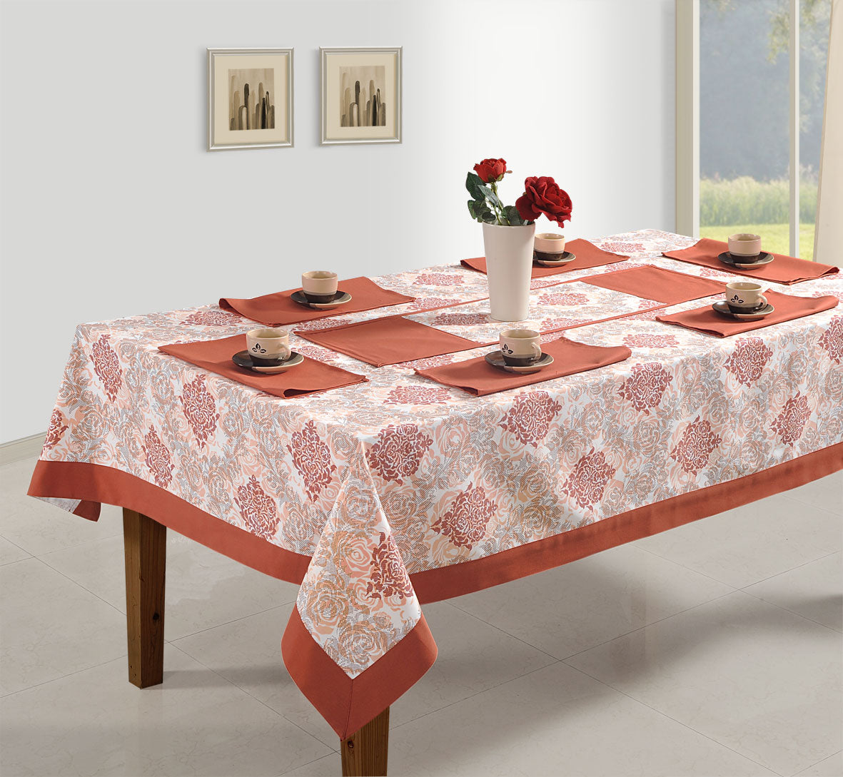Premium Cotton Printed Beige Rectangular 6 Seater Table Cover