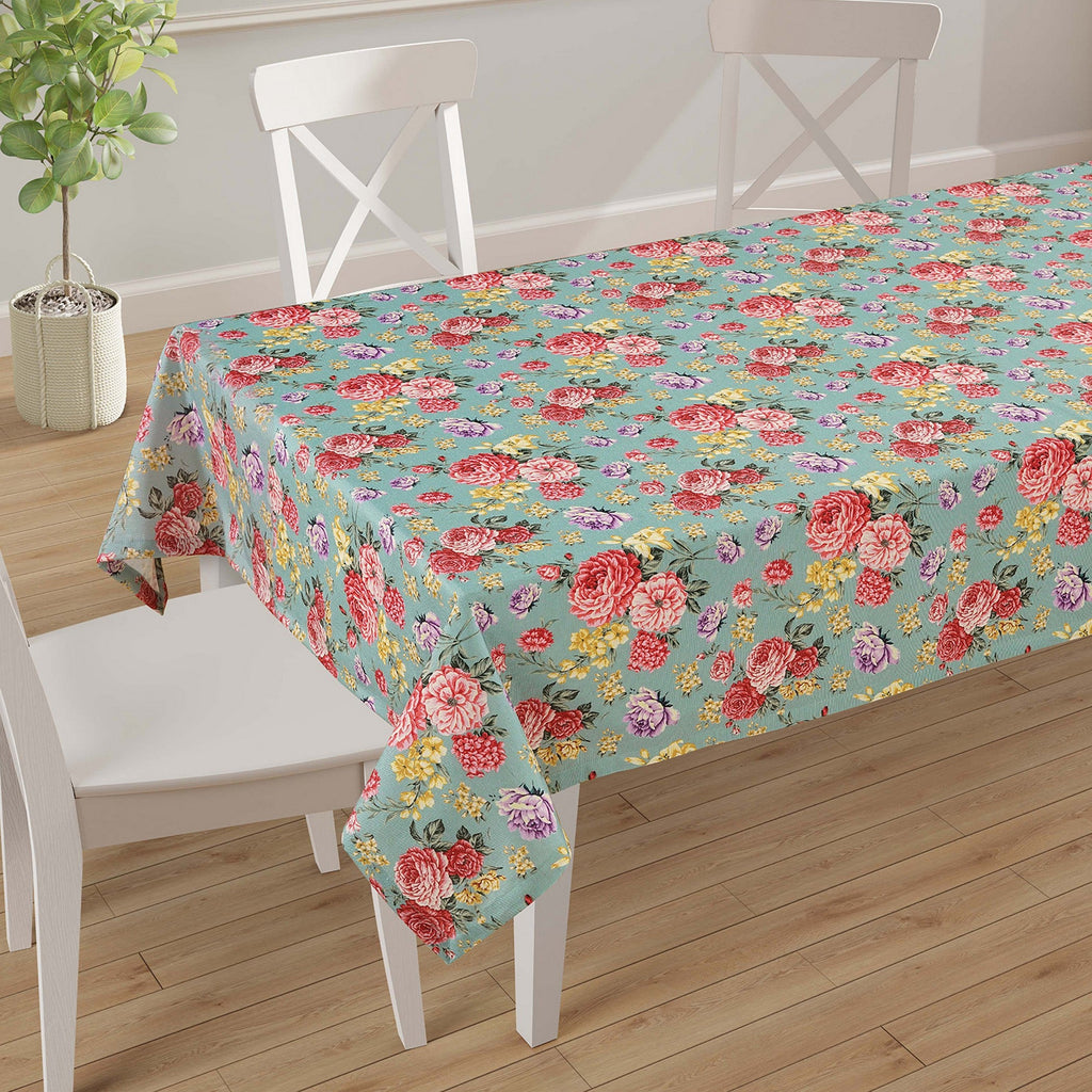 Floral Printed Dining Table Cover - Aqua Green Multicolor