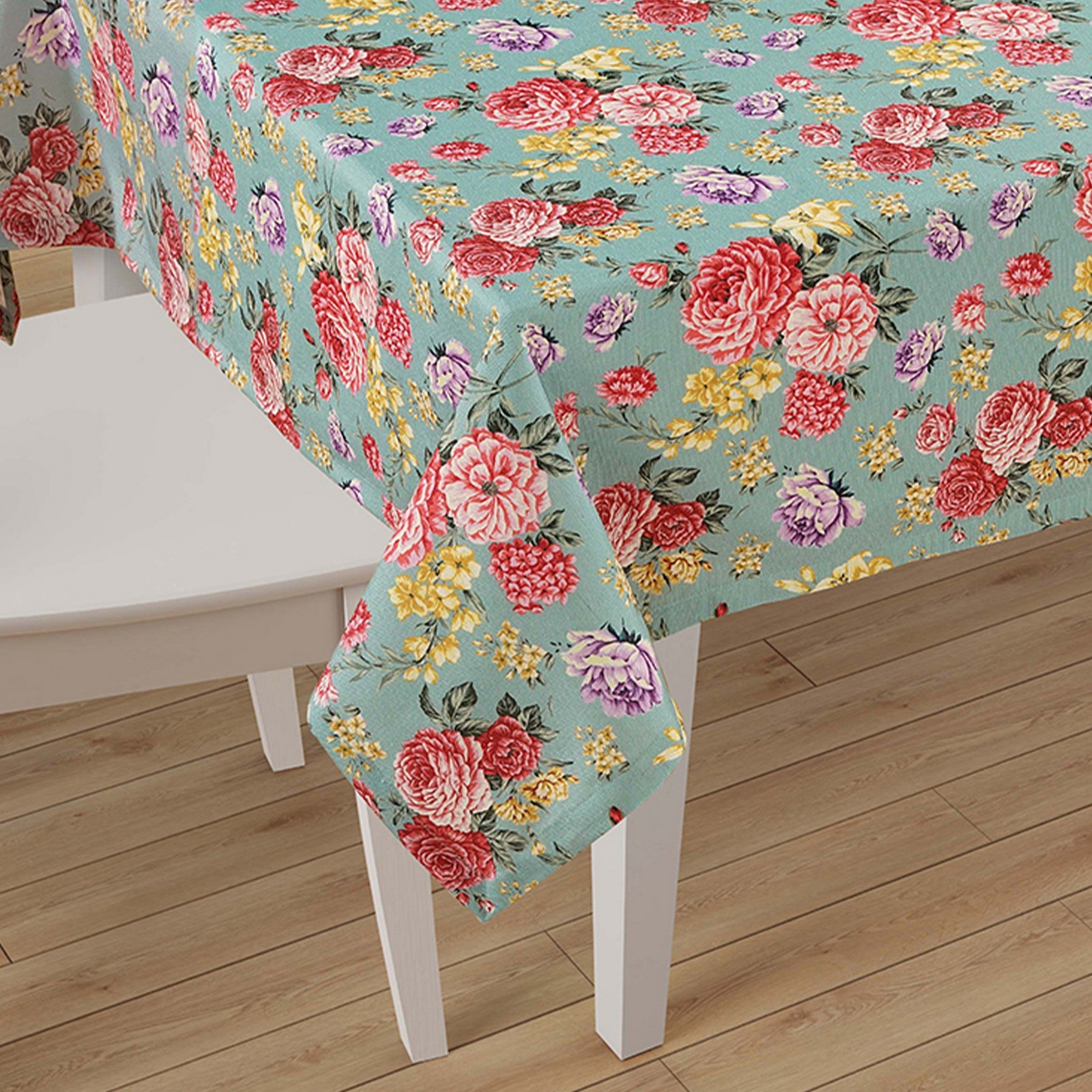 Floral Printed Dining Table Cover - Aqua Green Multicolor