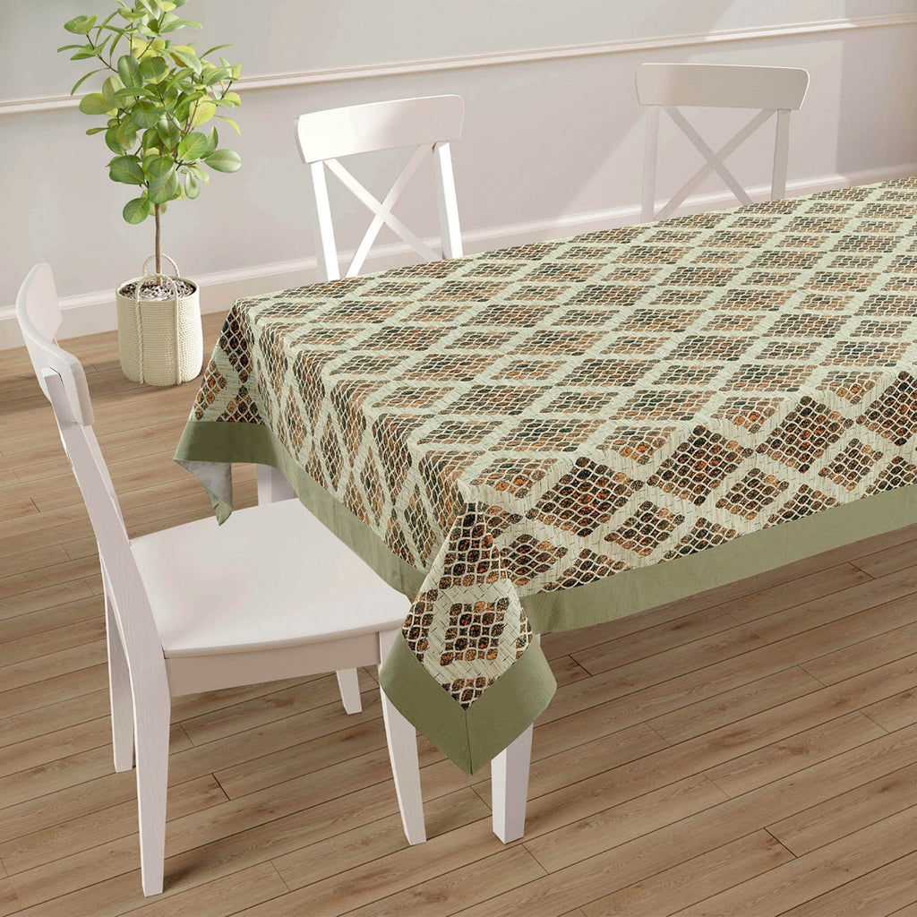 Premium Cotton Geometric Green & Brown Rectangular 8 Seater Table Cover