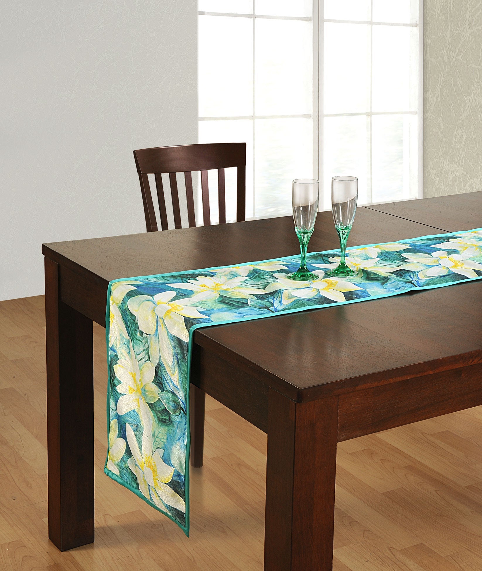 Large Cotton Floral Table Runner - Aqua & White Lily Bloom