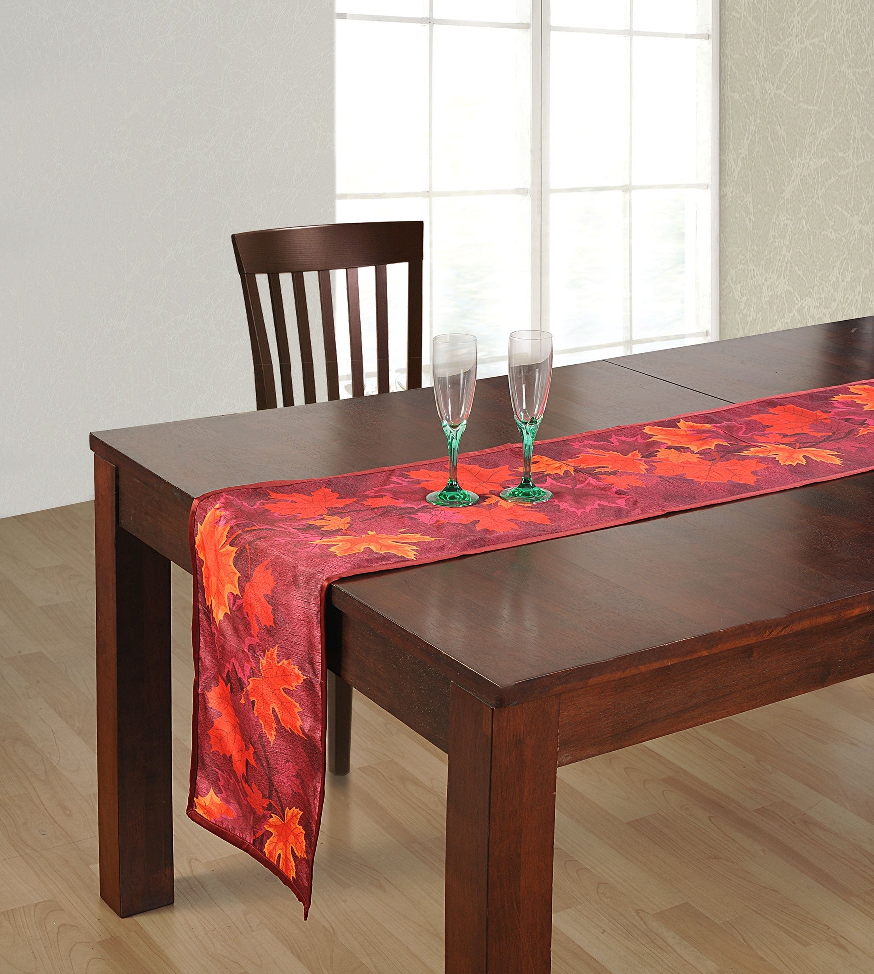 Large Cotton Autumn Leaf Table Runner - Warm Red & Orange Fall