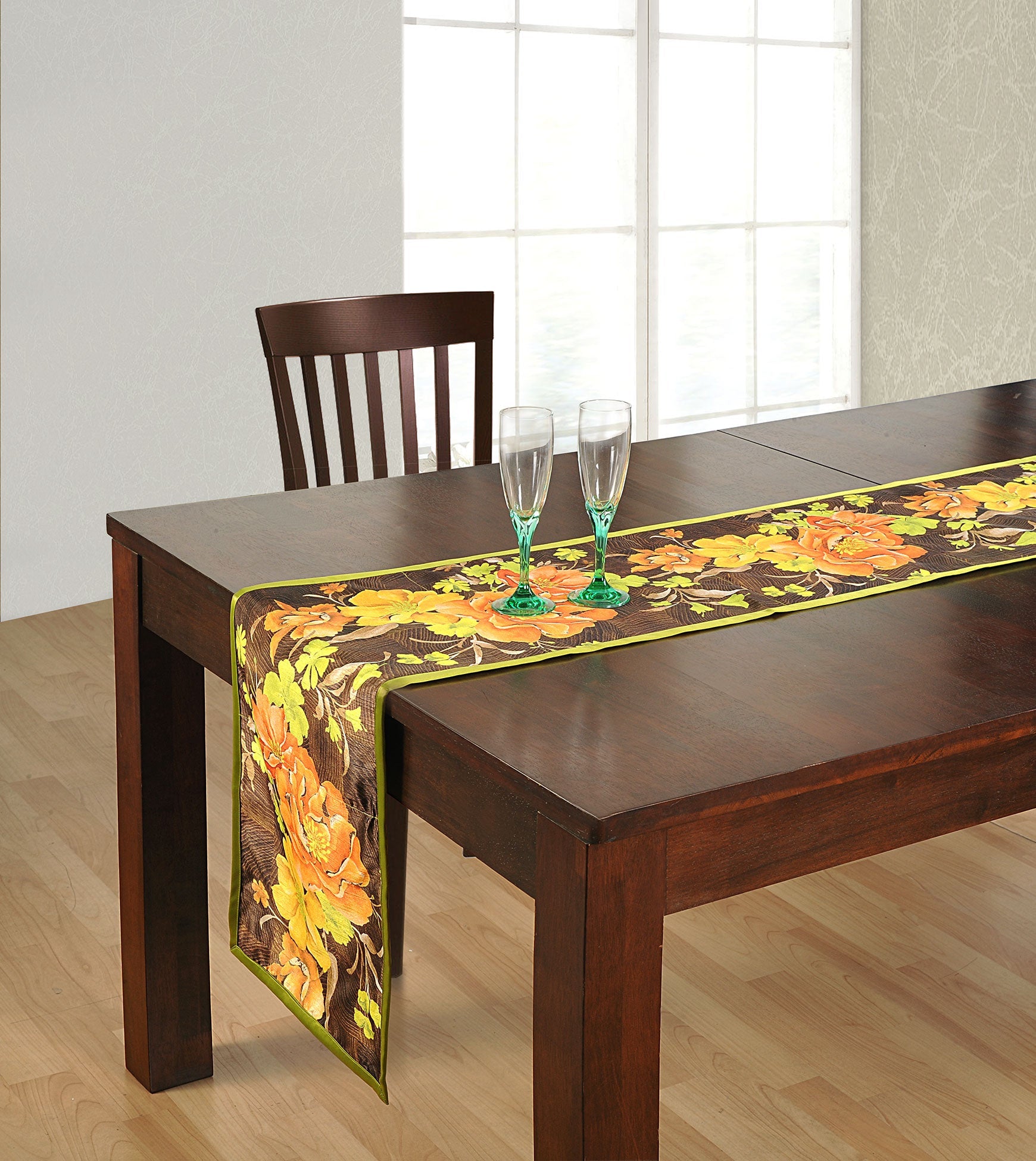 Large Cotton Floral Table Runner - Chocolate Brown with Yellow & Orange Rose