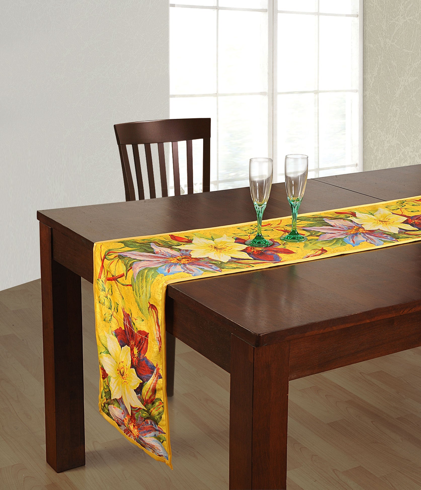 Large Cotton Floral Table Runner - Bright Yellow with Multicolor Lily