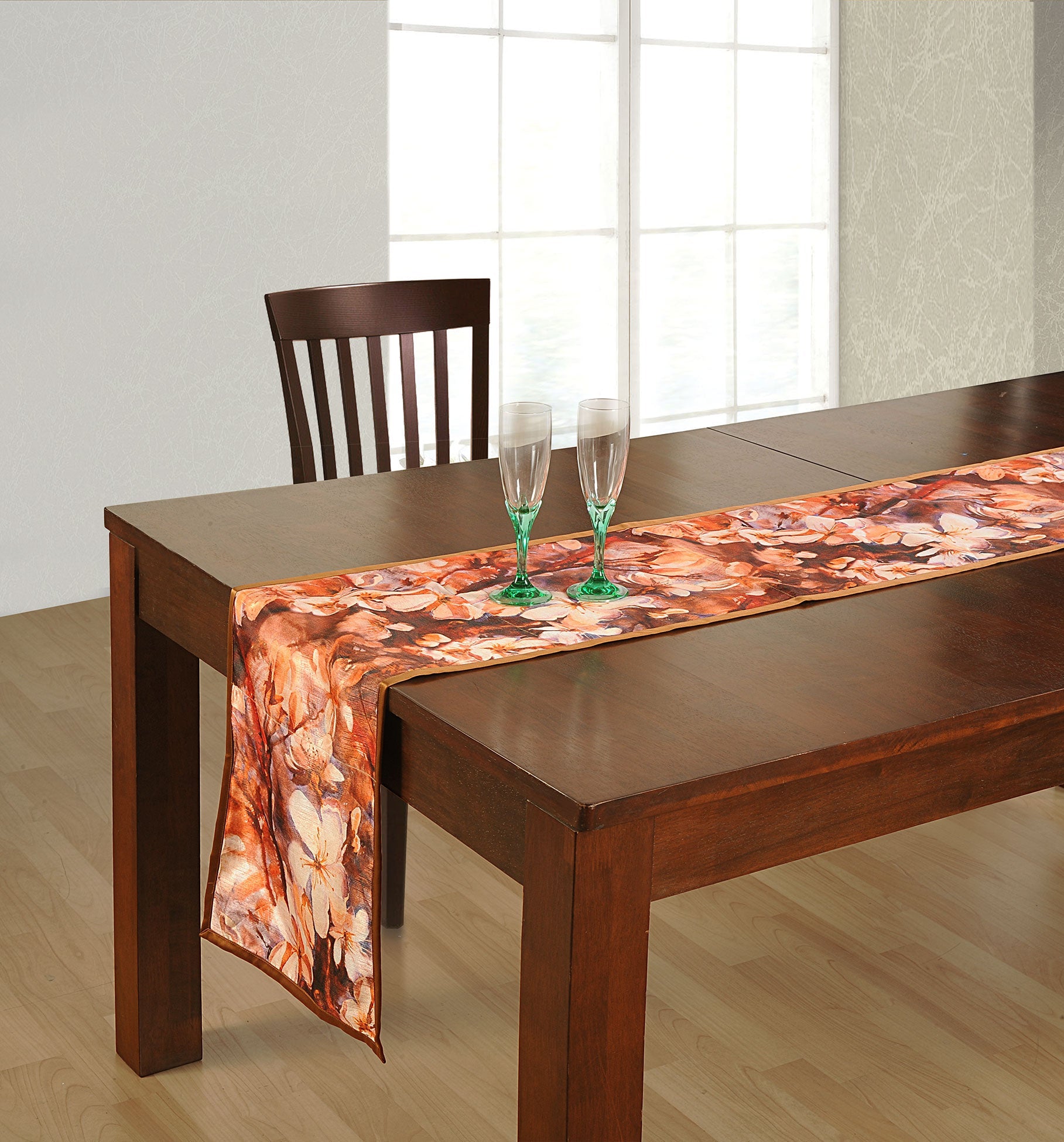 Large Cotton Floral Table Runner - Rustic Brown with Autumn Blossom