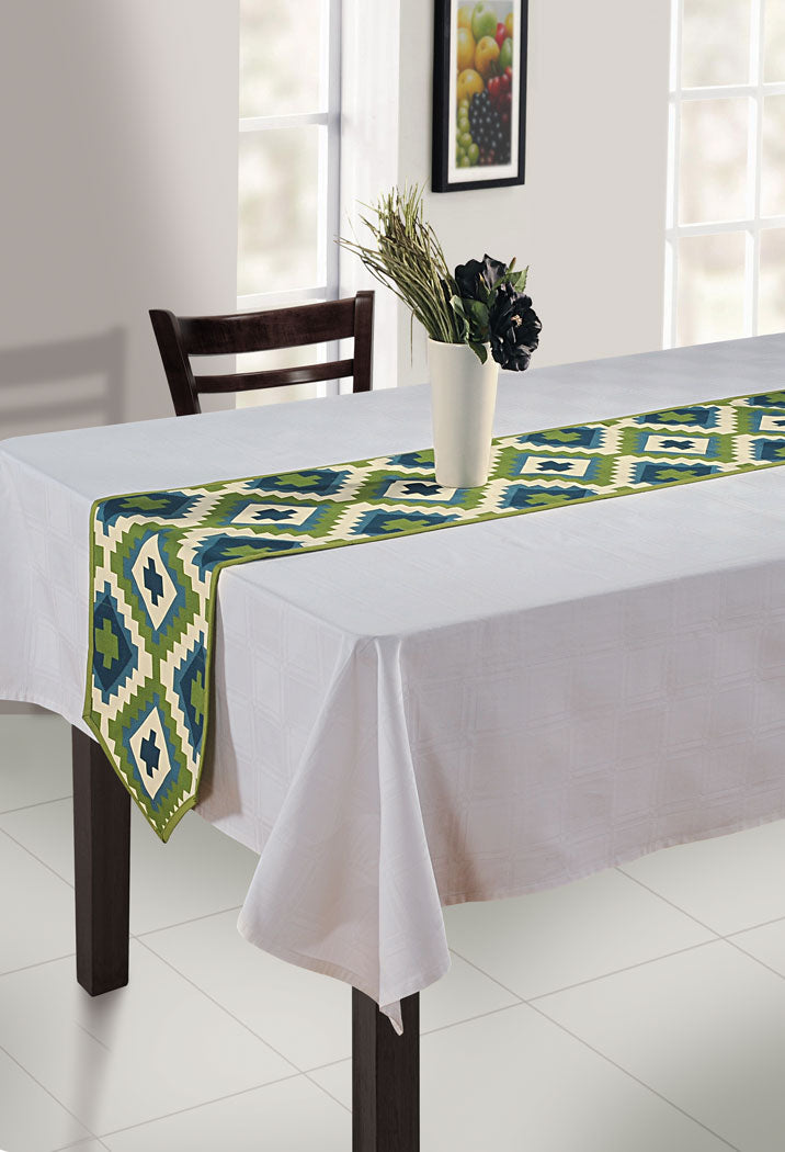 Cotton Table Runner - Green & Blue Geometric Aztec Pattern