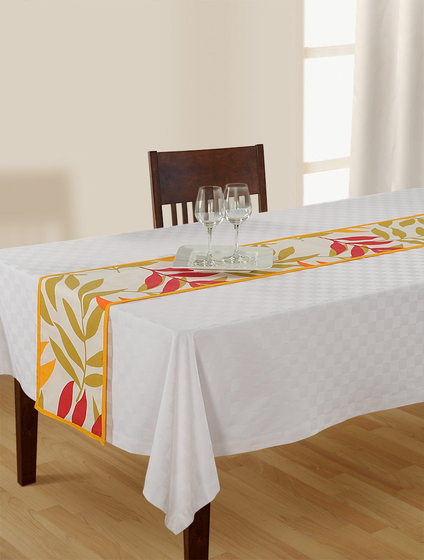 Large Cotton Table Runner - Mustard & Red Leaf Print on Beige Base