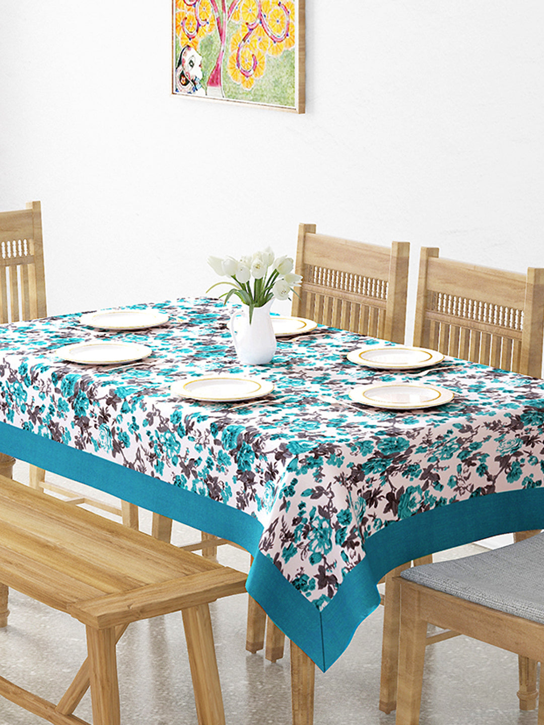 Premium Cotton Printed Cream & Pink Square 4 Seater Table Cover