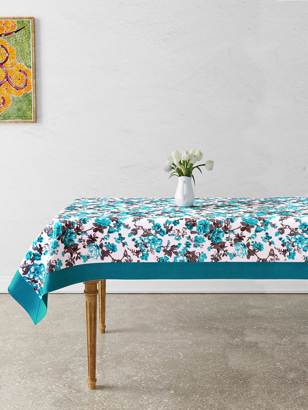 Premium Cotton Printed Cream & Pink Rectangular 6 Seater Table Cover