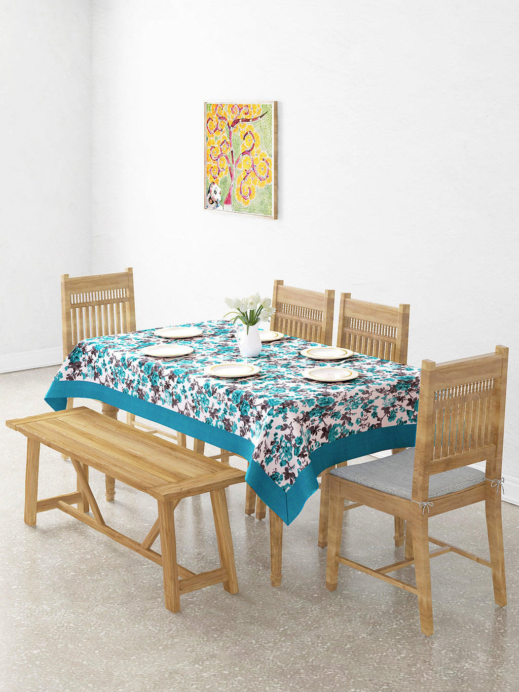 Premium Cotton Printed Teal Round 6 Seater Table Cover