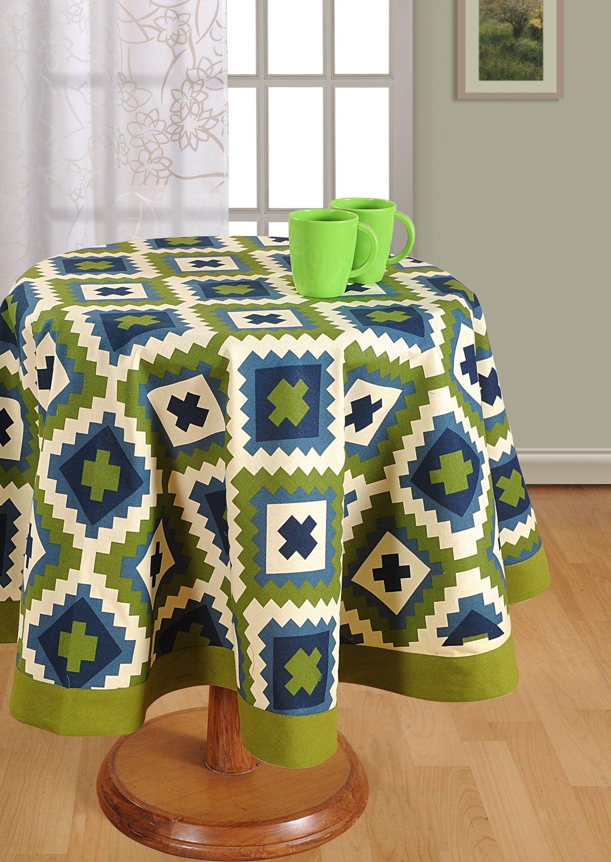 Green Blue Geometric Ikat Print 4-Seater Round Table Cover | Modern Dining Table Décor