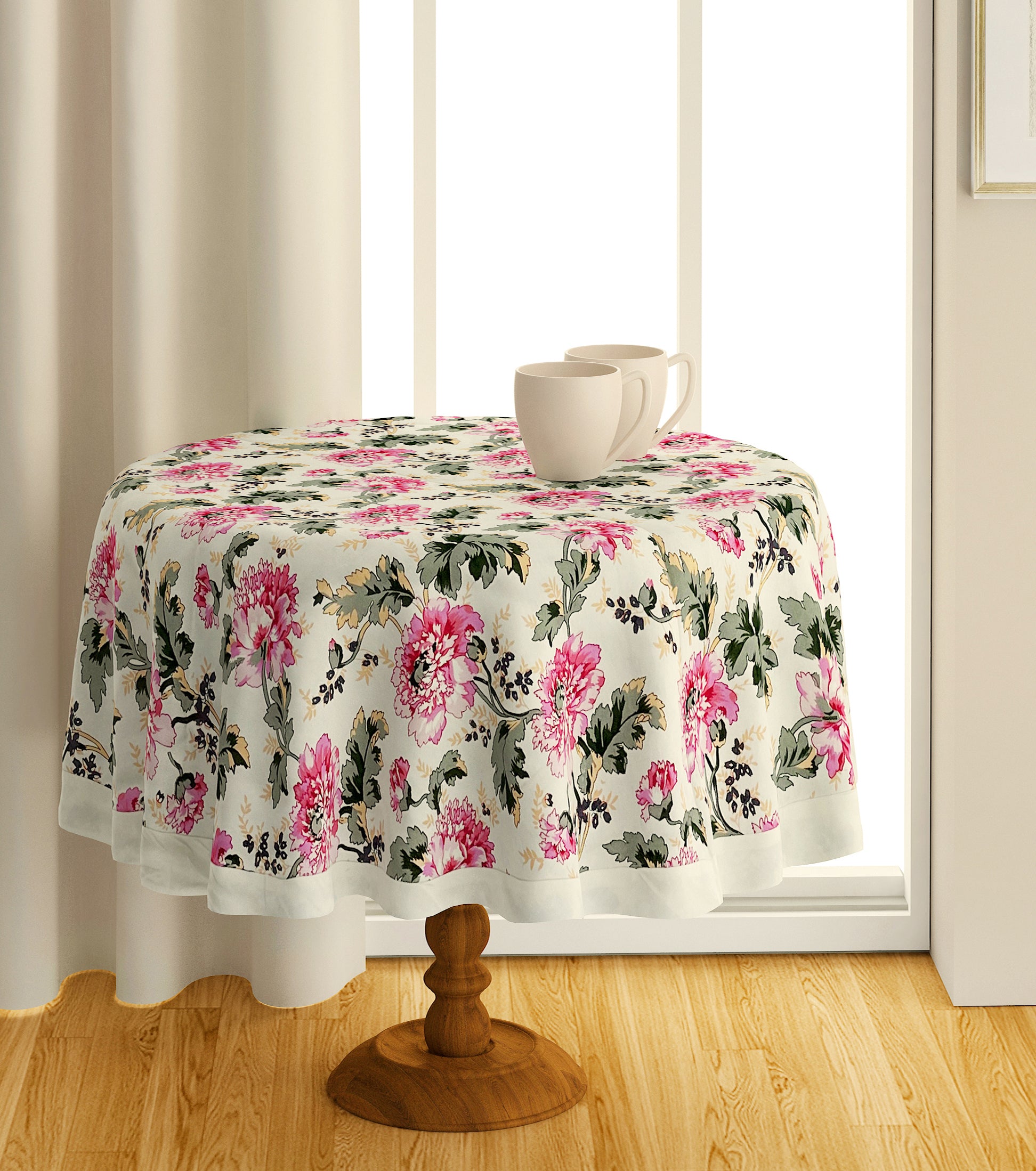 Cream Pink Floral Print 6-Seater Round Table Cover | Elegant Dining & Tea Table Décor