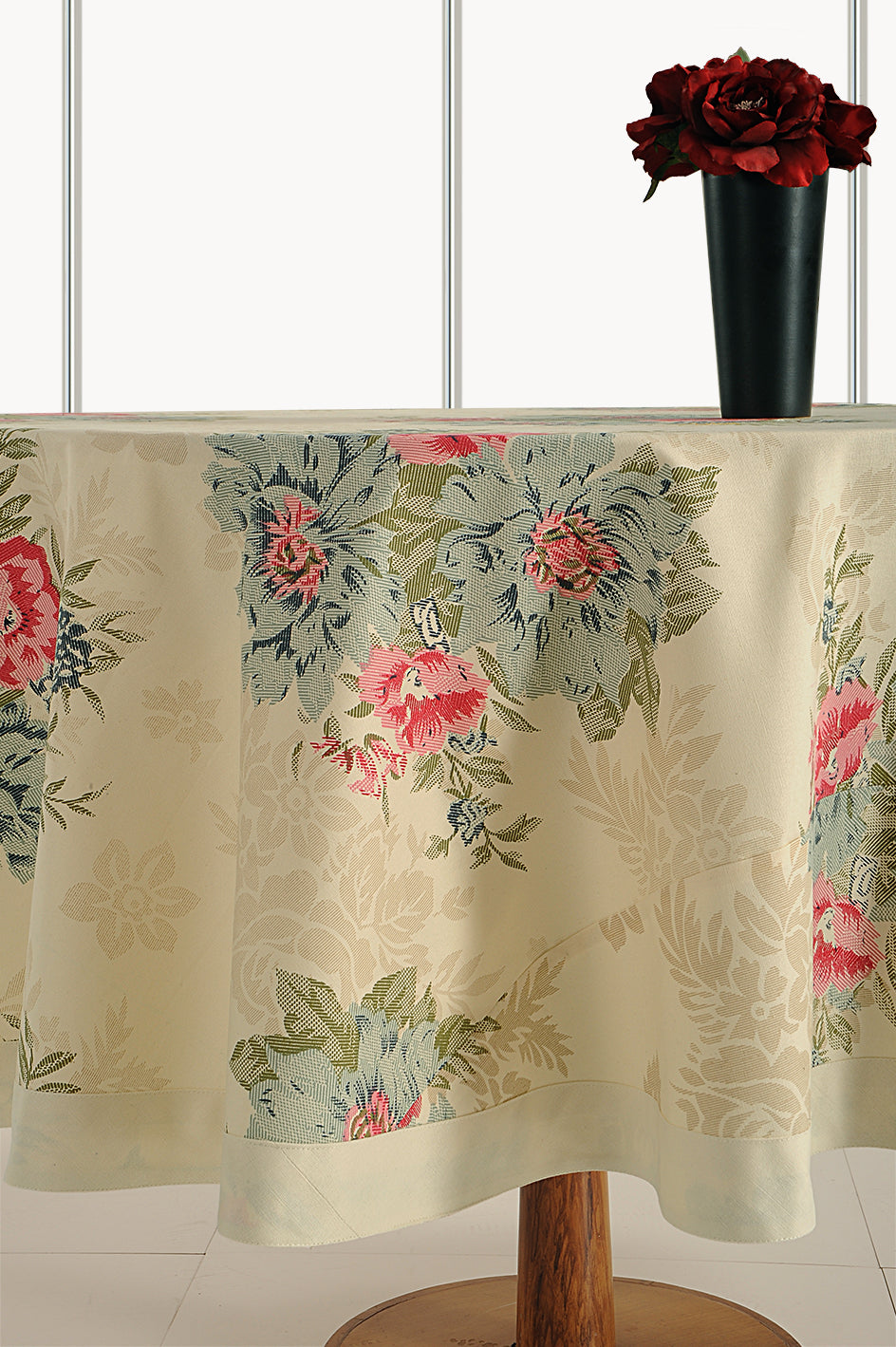 Premium Cotton Printed Cream & Pink Round 4 Seater Table Cover