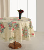 Premium Cotton Printed Cream & Pink Round 4 Seater Table Cover