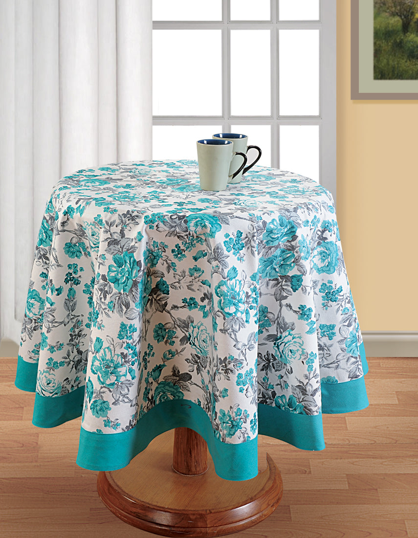 Premium Cotton Printed Teal Round 6 Seater Table Cover