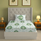 Floral Print Green 200 TC Single Bedsheet With Pillow Cover (60 x 90 Inches)