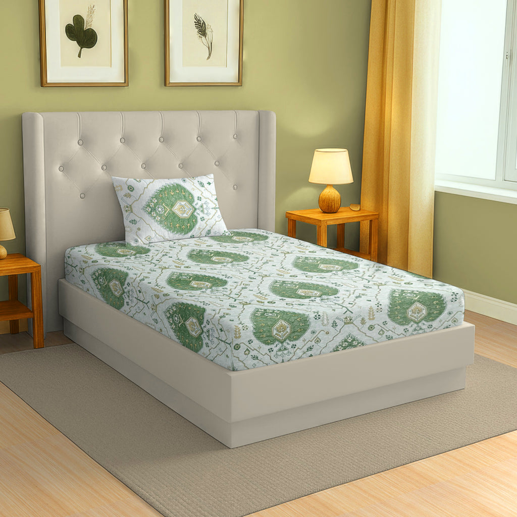 Floral Print Green 200 TC Single Bedsheet With Pillow Cover (60 x 90 Inches)