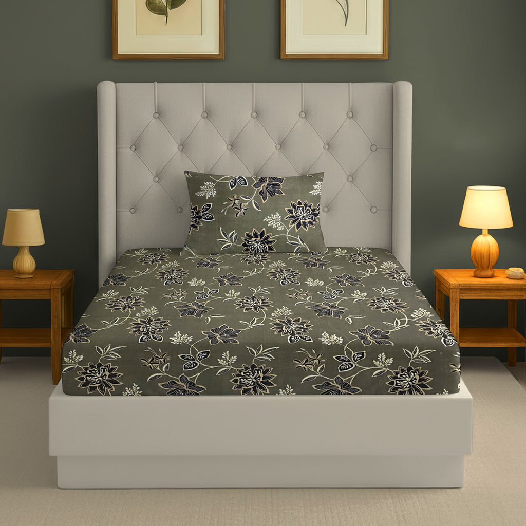 Floral Print Grey 200 TC Single Bedsheet With Pillow Cover (60 x 90 Inches)