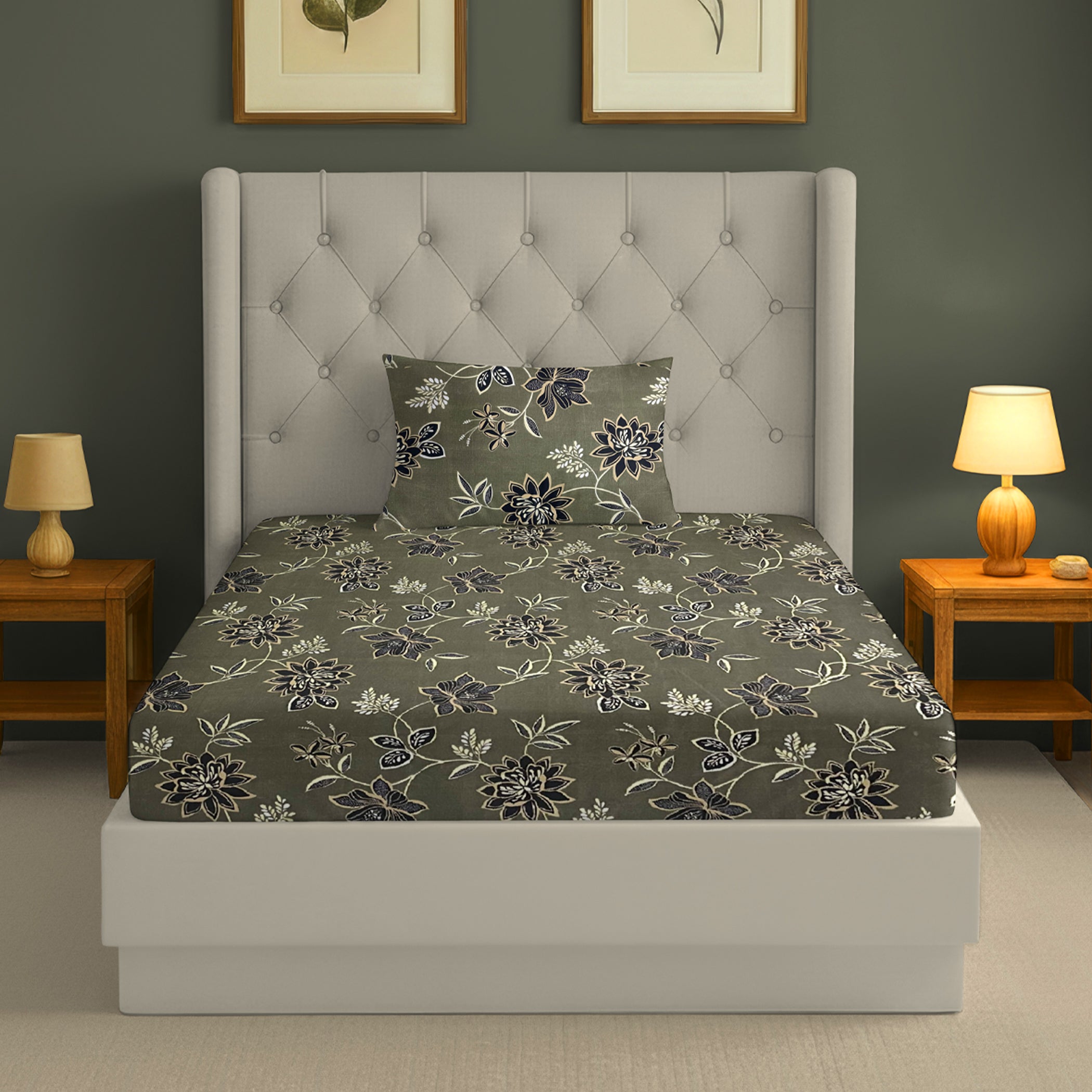Floral Print Grey 200 TC Single Bedsheet With Pillow Cover (60 x 90 Inches)
