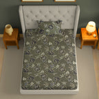 Floral Print Grey 200 TC Single Bedsheet With Pillow Cover (60 x 90 Inches)