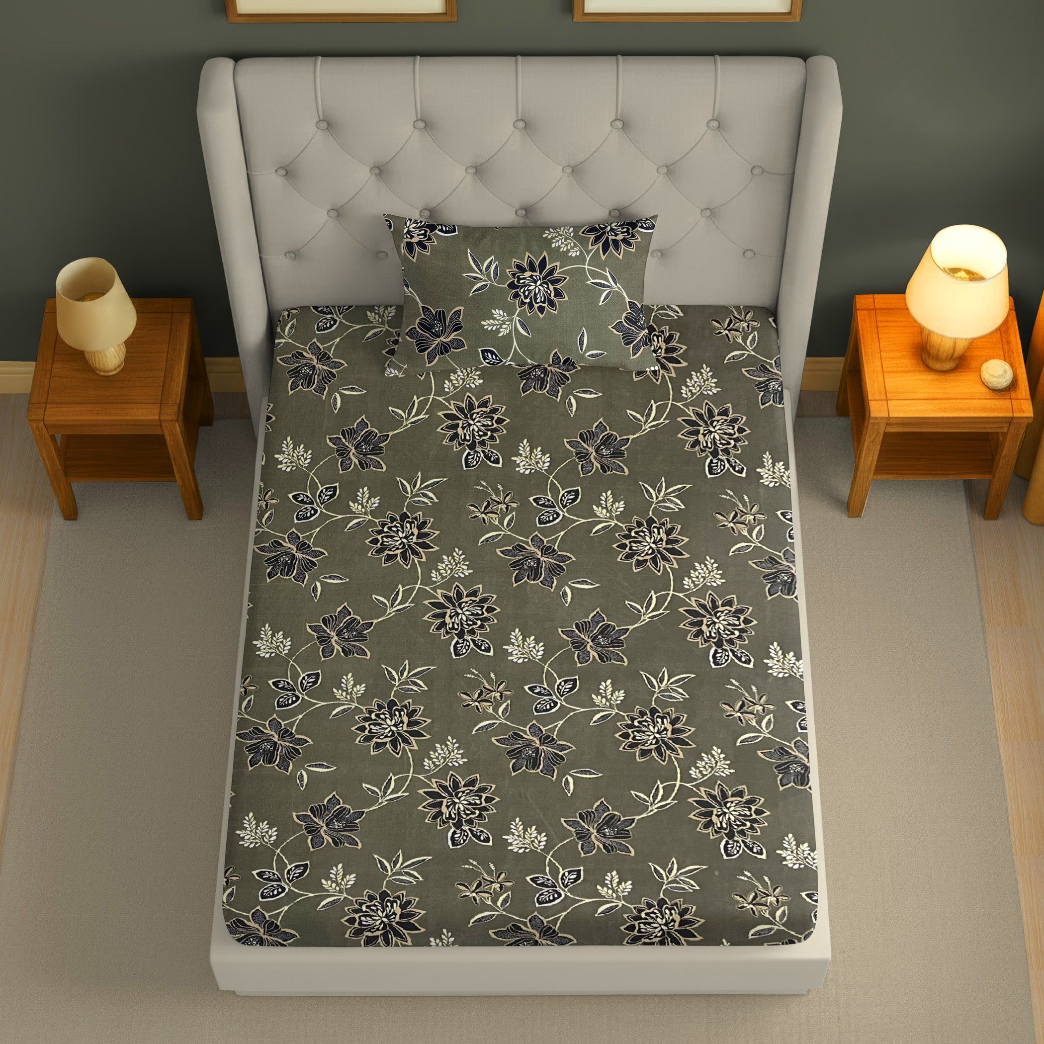 Floral Print Grey 200 TC Single Bedsheet With Pillow Cover (60 x 90 Inches)